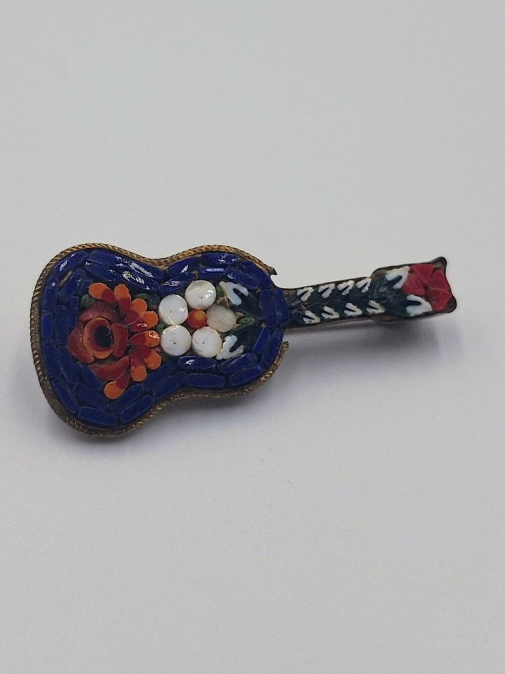 Vintage Italian Micro Mosaic Guitar Brooch Floral